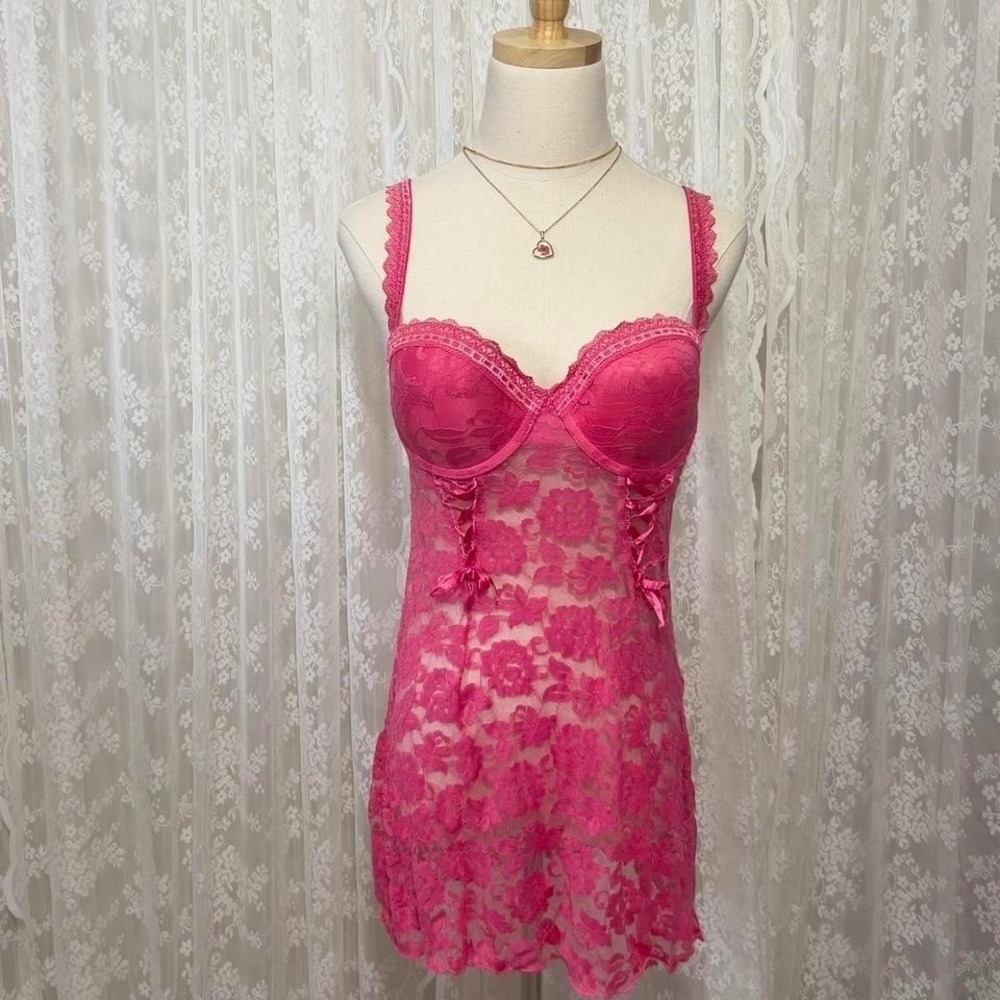 Pink‎ Lace Babydoll Lingerie Mini Dress Bustier Size Medium Y2K Glam Preppy